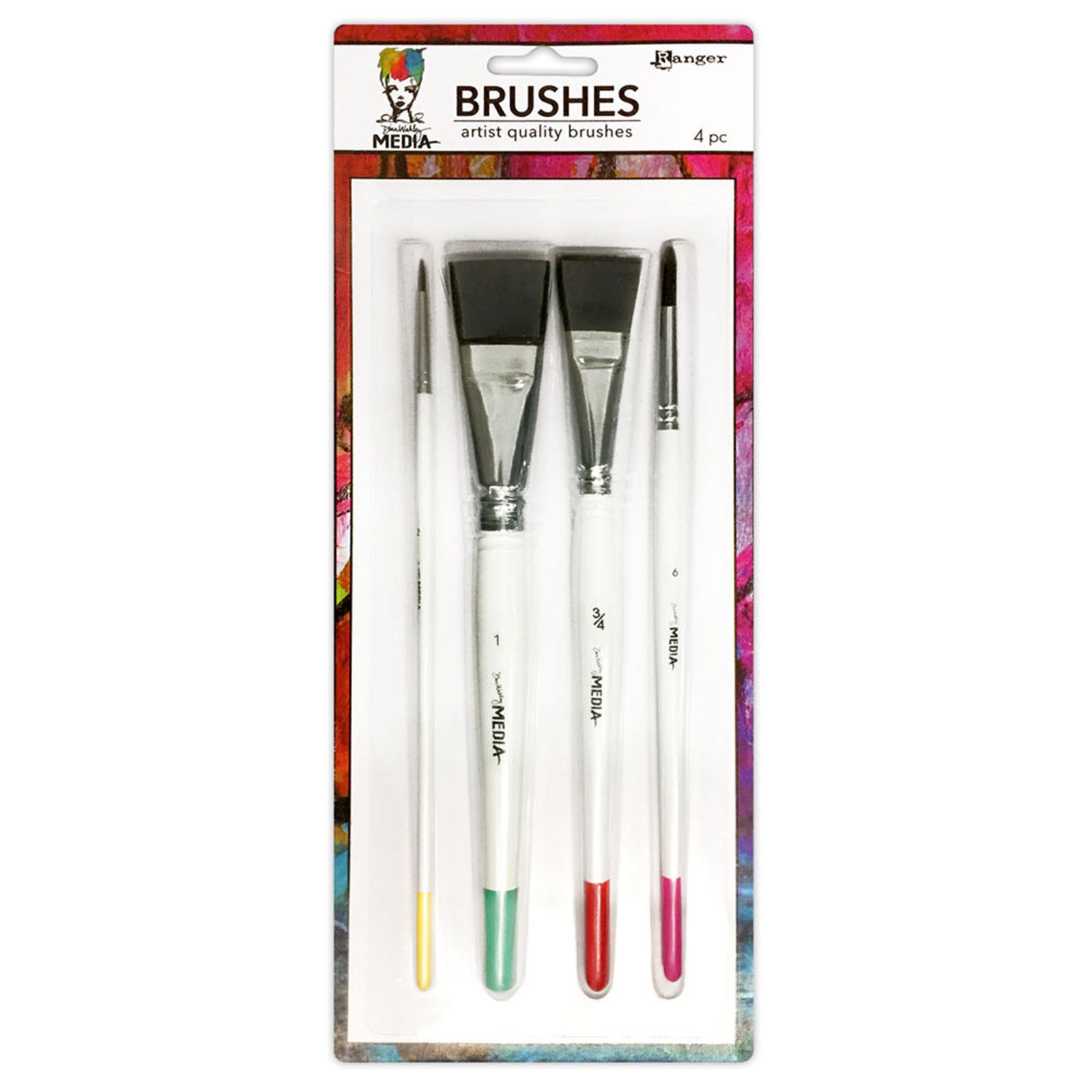 Dina Wakley Media Brushes 4/Pkg - Round 3, Fine Point 6, Flat .75" & 1"