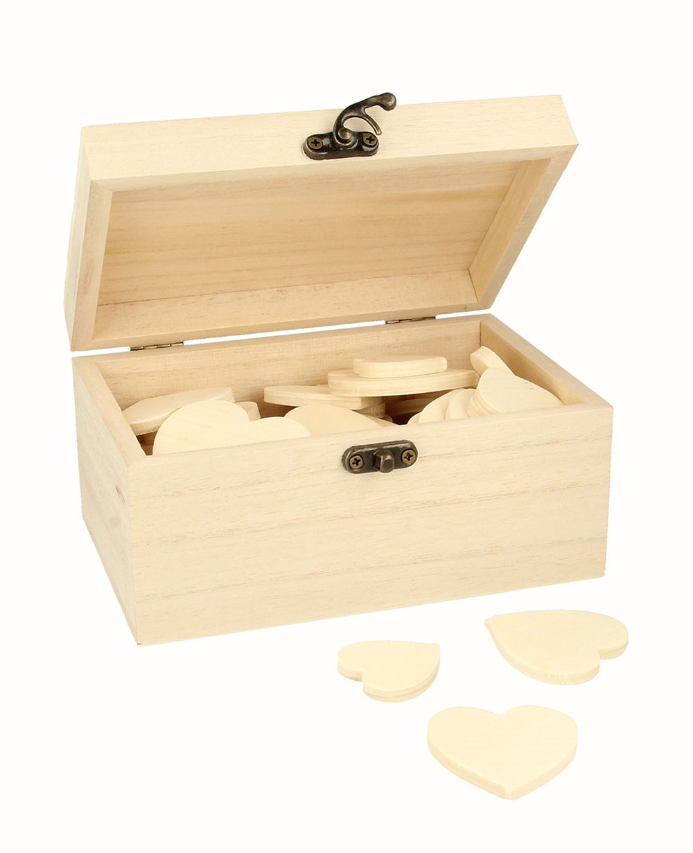 Wood box with 53 wooden hearts
